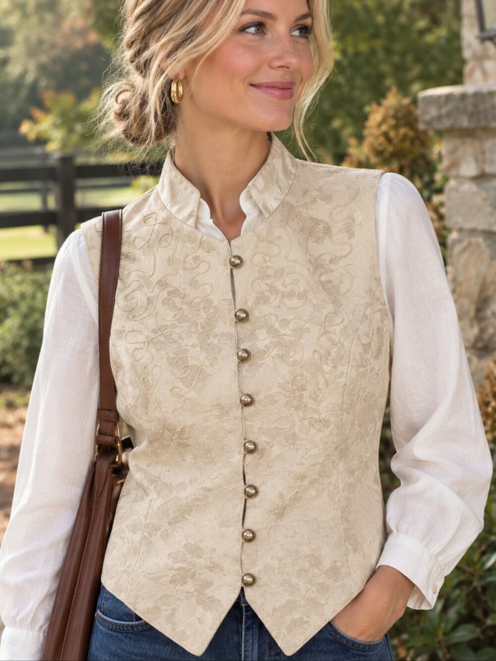 Panhandle Slim Women's Champagne Brocade Embroidered Satin Trim Vest Size Large